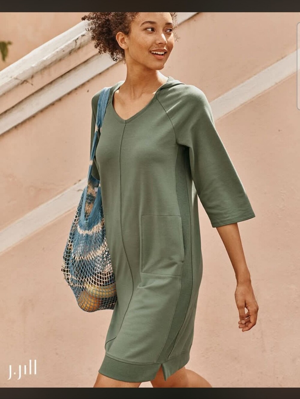 J. Jill Olive Green V-Neck Terry Cotton Hooded Midi Dress